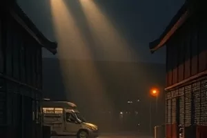 横版主推：夜色码头旁的字幕剧集片场静帧，灯光落在防波堤上